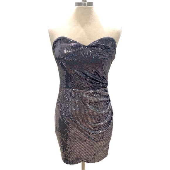 Slate gray sequins zipper gathered side length strapless bra boning lined - Picture 1 of 4